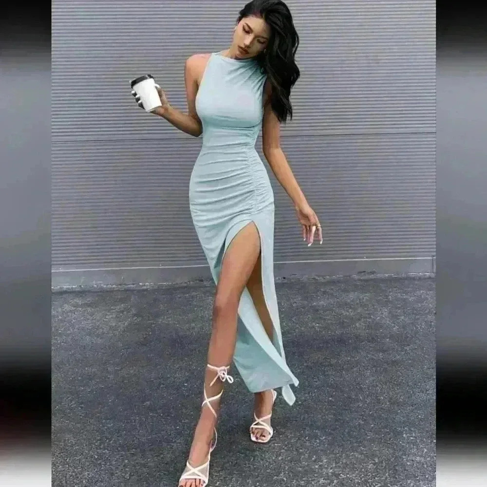 Shein Blue Solid Split Thigh Dress Size Small - Picture 1 of 5